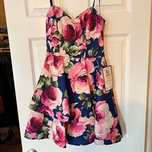 B Darlin strapless navy dress with dusty rose pink flowers!